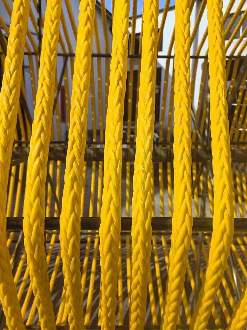 Yellow 12-strand braided rope hanging on a rack